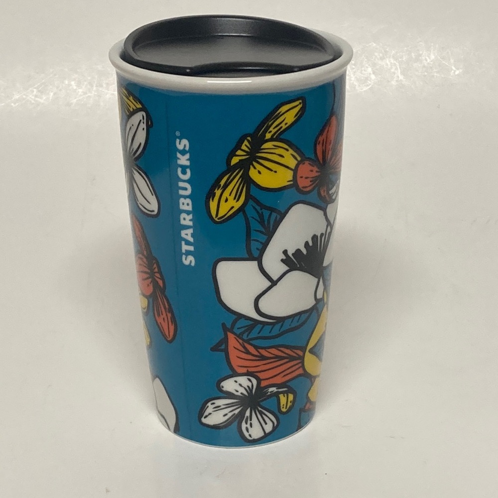 Starbucks 2019 Teal Blue and Poppy Flowers Ceramic Travel Mug